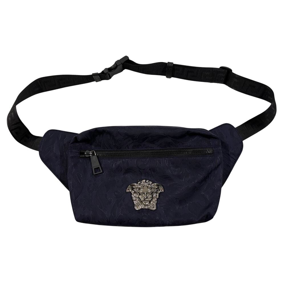 15-95(1) VERSACE Nylon Belt Bag Jacquard Print Navy 7"Hx10"W